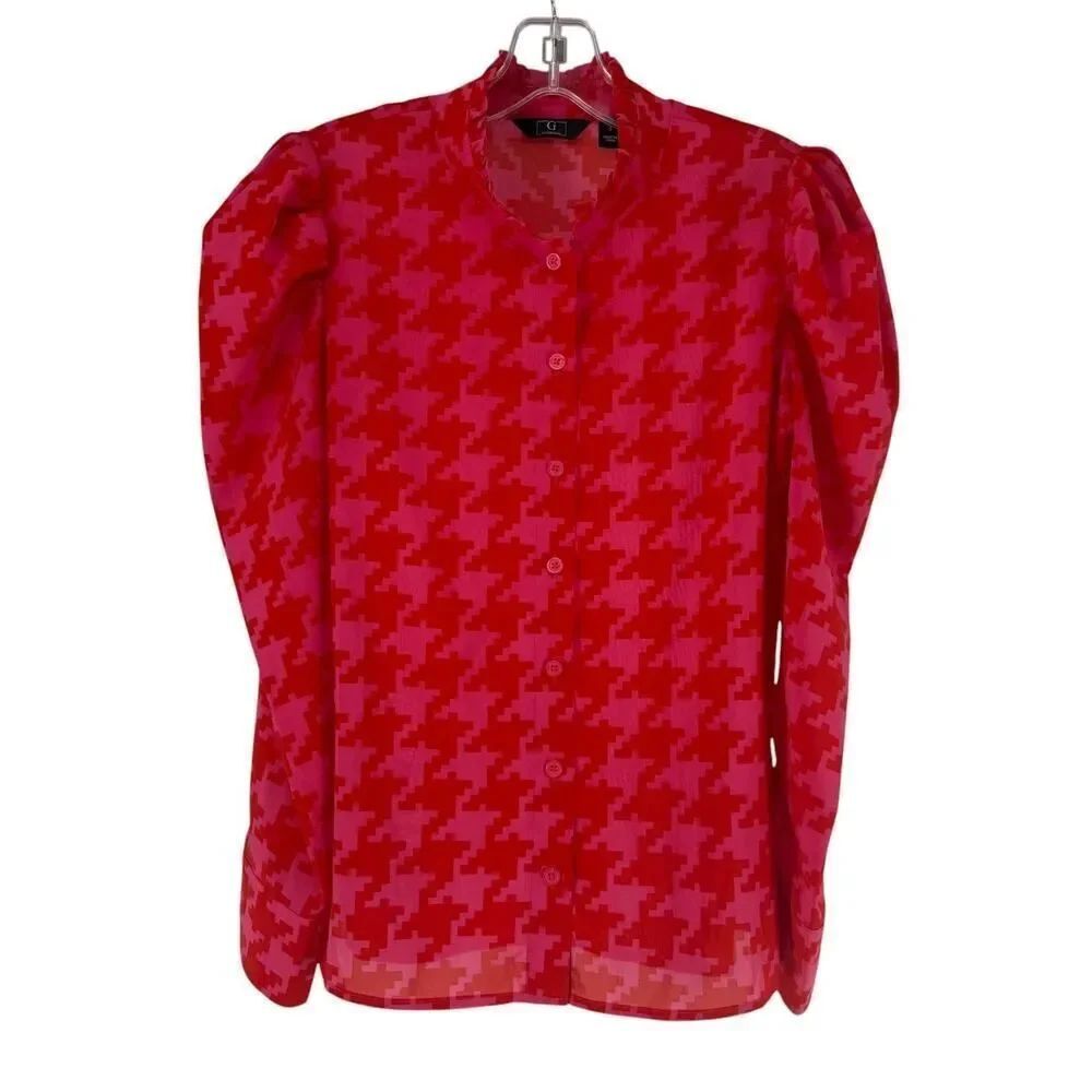 G by Giuliana Top Sz 0 Red Pink Herringbone Puff Sleeve Button Up Ruffle Collar